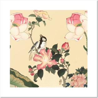 LITTLE BIRD WITH PINK ROSES AND LOTUS FLOWERS Posters and Art